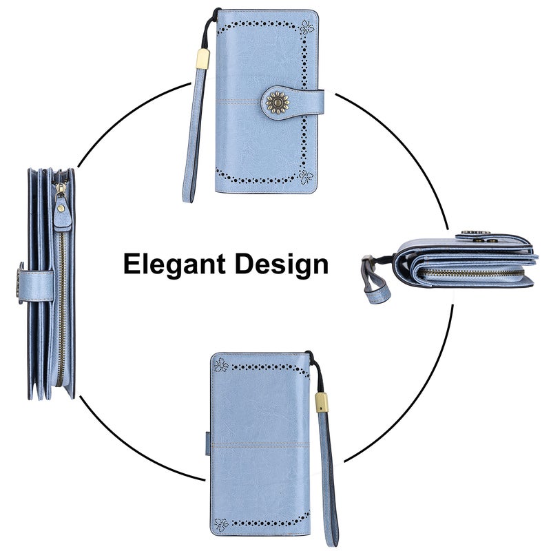 Lavemi Womens Large Capacity Genuine Leather RFID Blocking Wallets Wristlet Clutch Card Holder(1- Light Blue) - Image 4